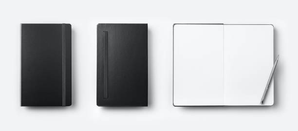 istock Top view collection of black fly black notebook front, back and white open page, ballpoint pen 924460966