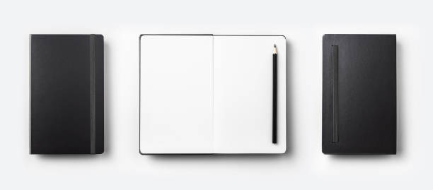 istock Top view collection of black fly black notebook front, back and white open page isolated on background for mockup 924461800