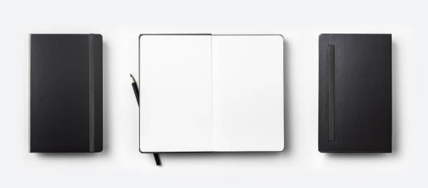 istock Top view collection of black fly black notebook front, back and white open page isolated on background for mockup 924464052