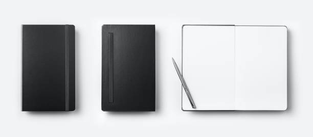 istock Top view collection of black fly black notebook front, back and white open page, ballpoint pen 924464702
