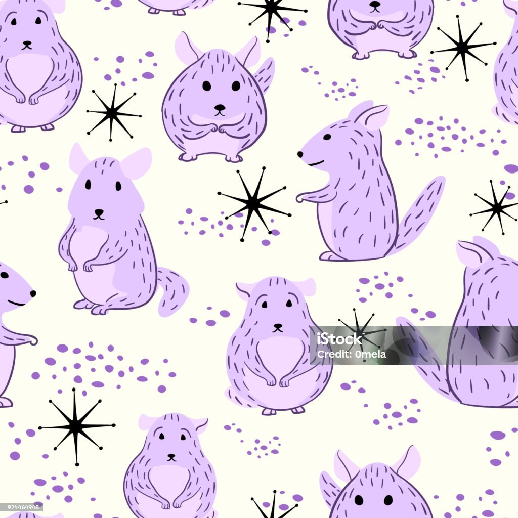 Seamless pattern with cartoon doodle chinchillas. Cute seamless pattern with cartoon doodle chinchillas. Baby shower design. Chinchilla - Rodent stock vector