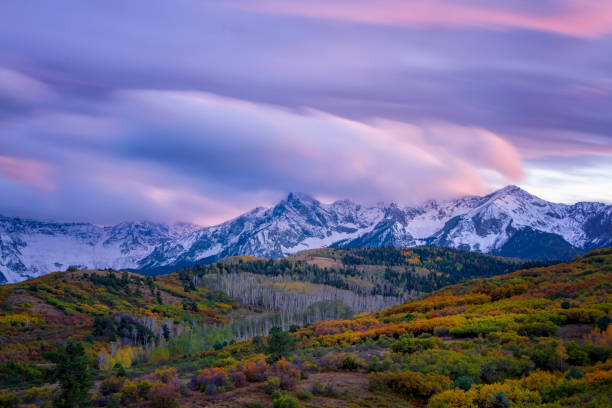 Long exposure shot of the Dallas Divide at sunset Long exposure shot of the Dallas Divide at sunset ridgway stock pictures, royalty-free photos & images