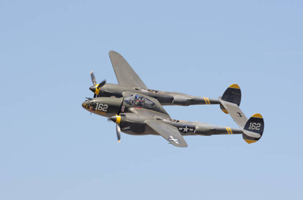 A Lockheed P38J Lightning aircraft shown during a flight demo in Chino, California, USA.