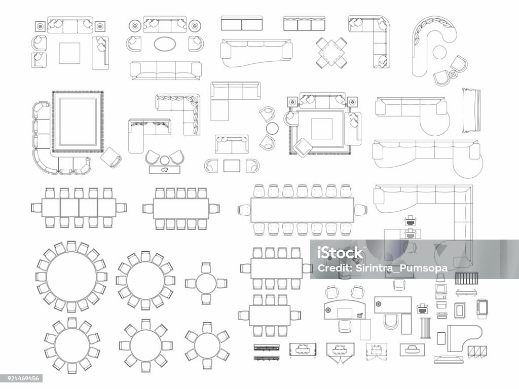 Top view of set furniture elements outline symbol for dining room, office, working, living room and accessories. Interior icon chair, table and sofa. Floor Plan stock vector