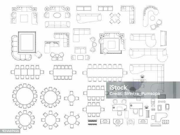 Top View Of Set Furniture Elements Outline Symbol For Dining Room Office Working Living Room And Accessories Interior Icon Chair Table And Sofa Stock Illustration - Download Image Now