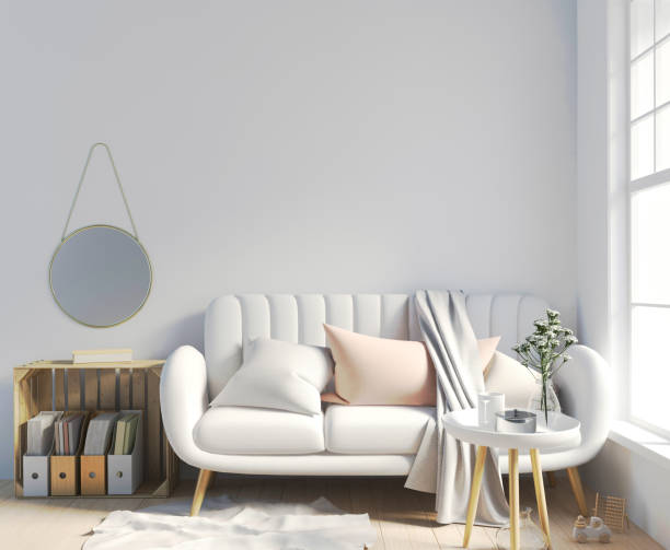 istock Modern interior with coffee table and sofa. Wall mock up. 3d illustration. 924469592