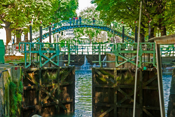 View of locks of the Saint-Martin canal in Paris, France