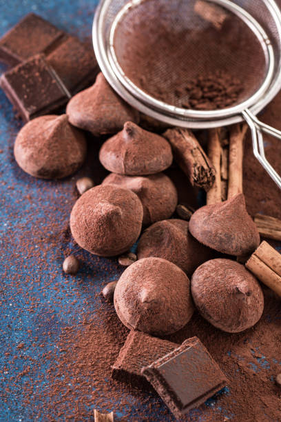 istock Assorted dark chocolate truffles with cocoa powder on dark blue table 924472932