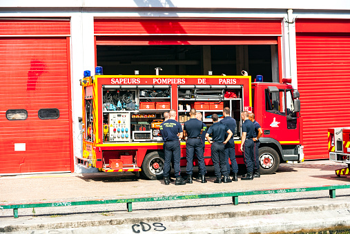 Paris, France - August 29, 2014: Fire station on the Canal Saint-Martin in Paris, France