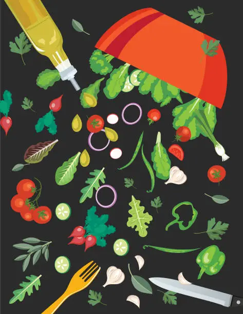 Vector illustration of Fresh Foods And Cooking with Pots Pans and Utensils