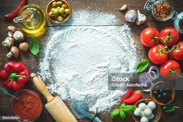 Ingredients And Spices For Making Homemade Pizza Stock Photo - Download Image Now - Italian Food, Heart Shape, Pizza