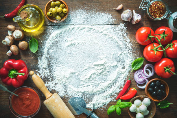 ingredients and spices for making homemade pizza - mozzarella cheese italy tomato imagens e fotografias de stock
