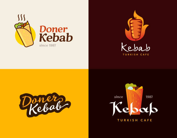 ilustraciones, imágenes clip art, dibujos animados e iconos de stock de conjunto de plantillas de etiqueta de doner kebab. insignias creativas de vector para restaurantes de comida rápida turca y árabe. - turkey sandwich illustrations