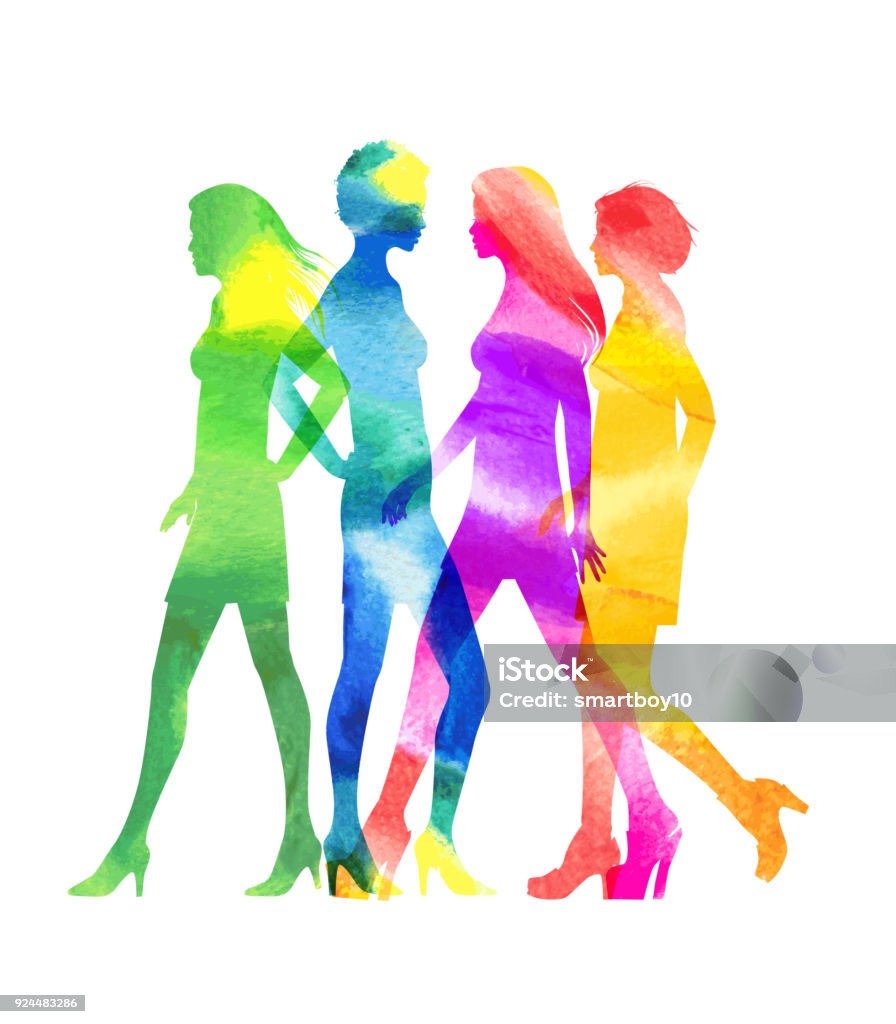 Fashion Models Colourful overlapping silhouettes of female Fashion Models in watercolor texture Watercolor Painting stock vector