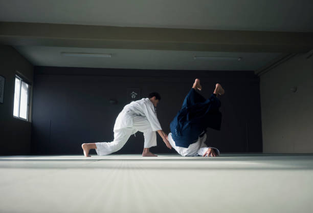istock Teen boy with his sansei practicing in dojo 924486154
