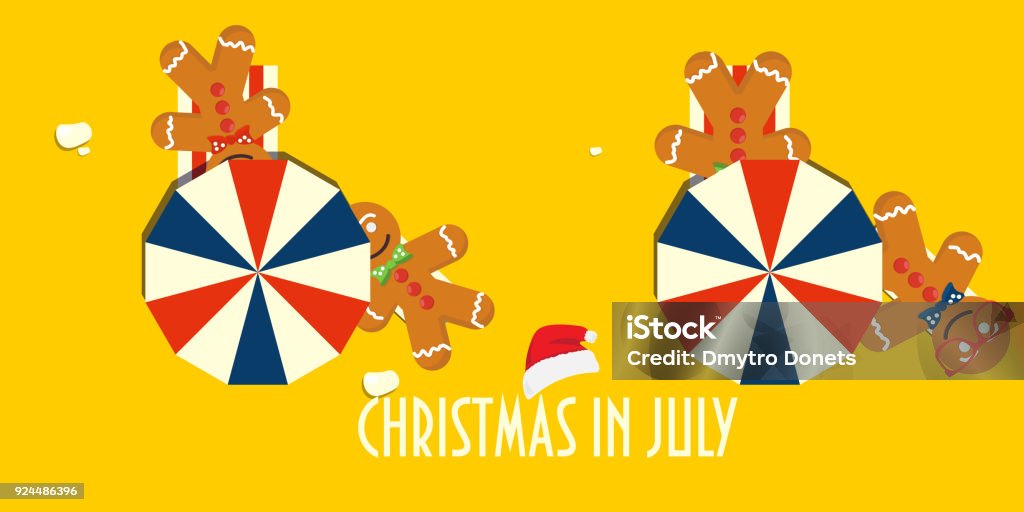 Christmas in July vector illustration, poster or banner. Summer beach parasols, gingerbread men, santa hat and text Christmas in July. Christmas In July stock vector