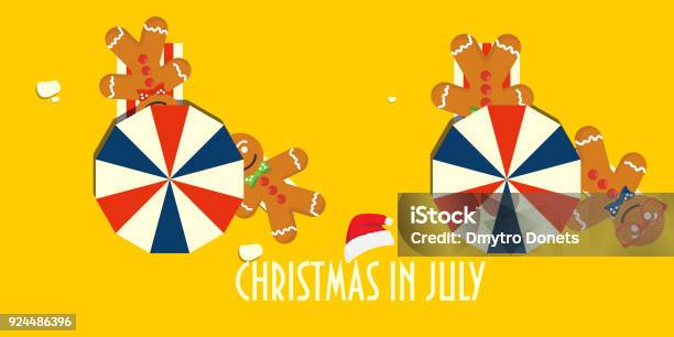 Christmas In July Vector Illustration Poster Or Banner Summer Beach Parasols Gingerbread Men Santa Hat And Text Christmas In July Stock Illustration - Download Image Now