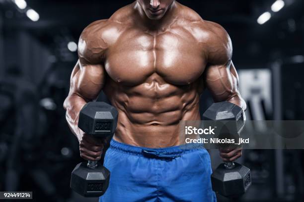 Muscular Man Working Out In Gym Strong Male Torso Abs Stock Photo - Download Image Now