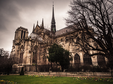 Exterior view of Cathedrale Notre Dame, medieval Catholic cathedral.