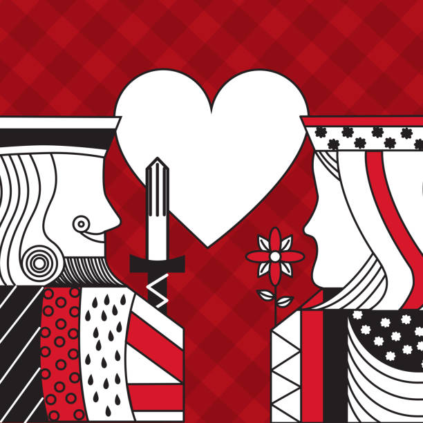 카지노 포커 여왕 및 왕 마음 카드 게임 빨간 체크 무늬 배경 - cards heart suit heart shape poker stock illustrations