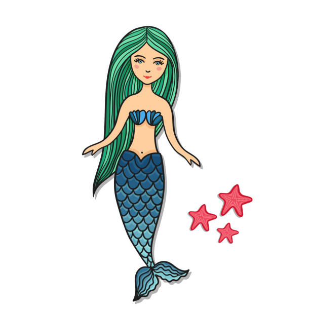 ilustrações, clipart, desenhos animados e ícones de mão desenhada bonita pequena sereia com estrelas do mar. - computer graphic multi colored little girls teenage girls