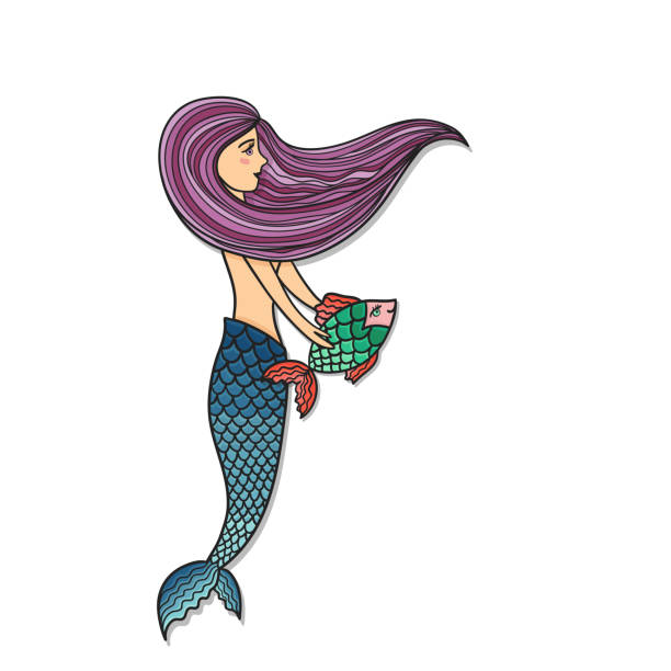 ilustrações, clipart, desenhos animados e ícones de mão desenhada bonita pequena sereia com peixe. - computer graphic multi colored little girls teenage girls