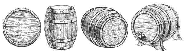 barrel from a different angle Vector illustration of cask or barrel from a different angle. Front, top, three quarters positions. Barrel on a stand with a tap. Hand drawn style. whiskey illustrations stock illustrations