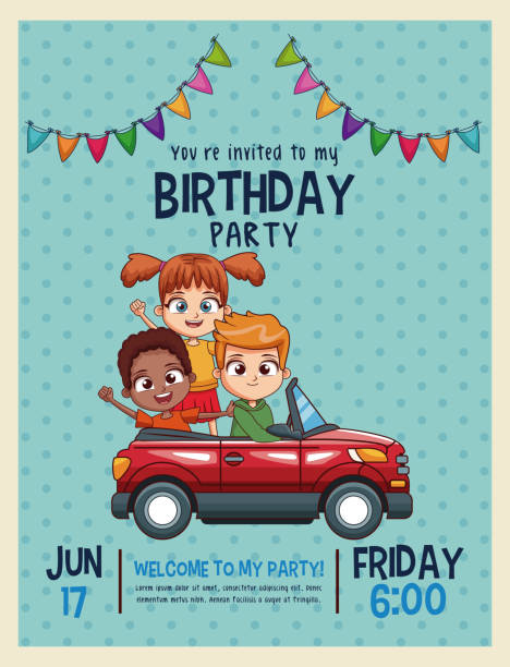 ilustrações, clipart, desenhos animados e ícones de cartão de convite de aniversário de crianças - pennant flag party old fashioned