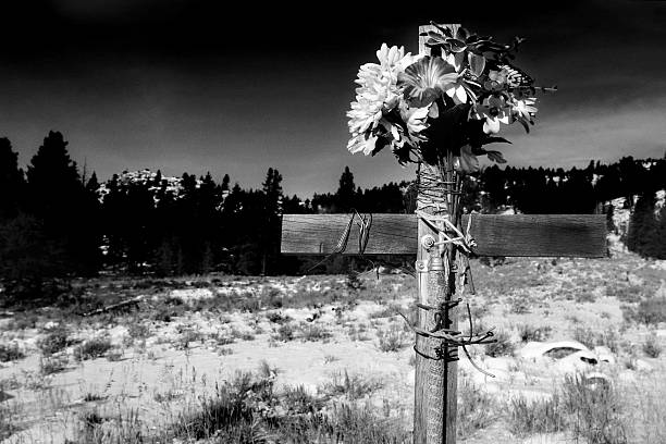 carretera cruce de bw - memorial roadside cross cross shape fotografías e imágenes de stock