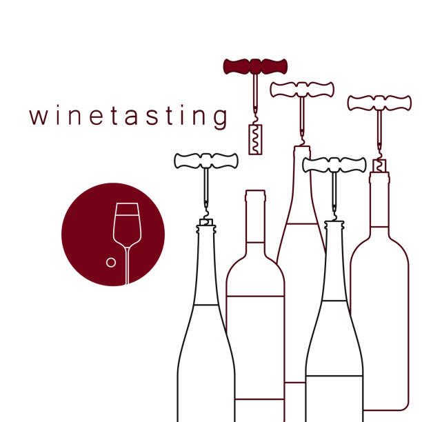ilustraciones, imágenes clip art, dibujos animados e iconos de stock de botellas de vino y sacacorchos con un corcho. icono linear vector de cata. - wine tasting