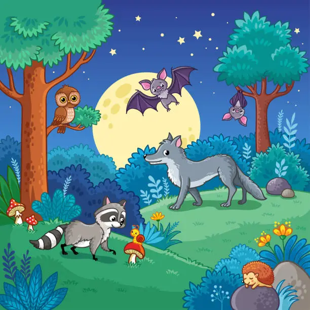 Vector illustration of Background with Animals in the night forest.