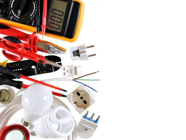istock Top view of working tools and components of the electrical system on white background. 924524784