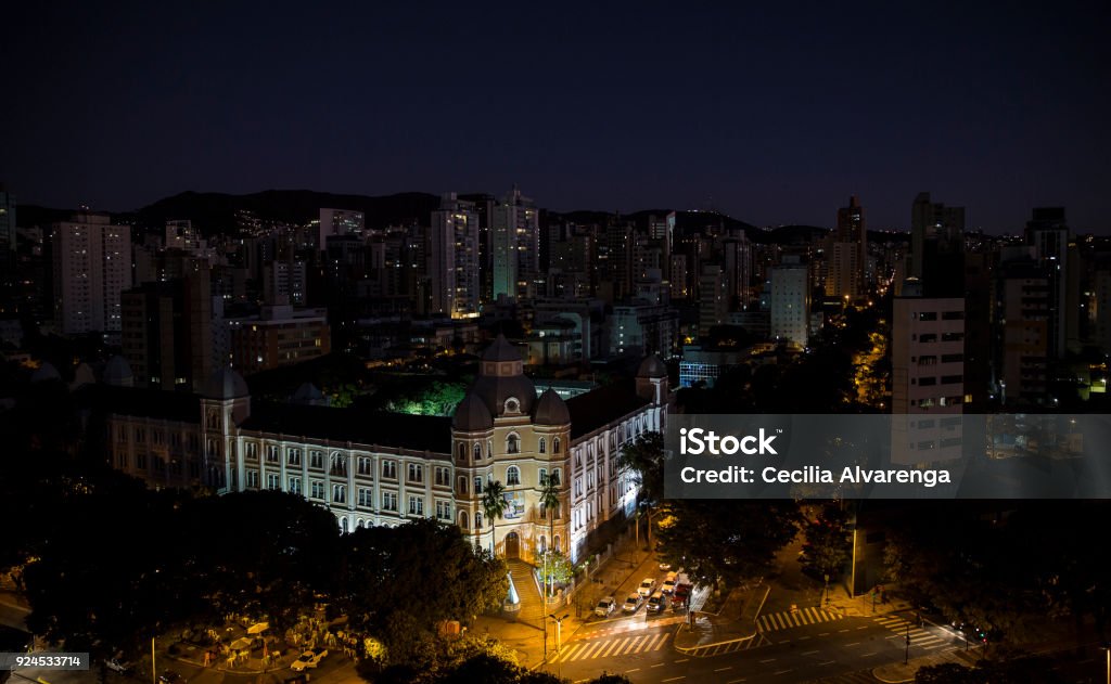 Panoramic view of Belo Horizonte at night Buildings of the neighborhoods Funcionarios and Serra of Belo Horizonte seen from a high point of view at night. The Avenues Brasil, Carandai and Professor Moraes can be partially seen. In the center of the image can be seen the building of the school Colegio Arnaldo. Belo Horizonte Stock Photo