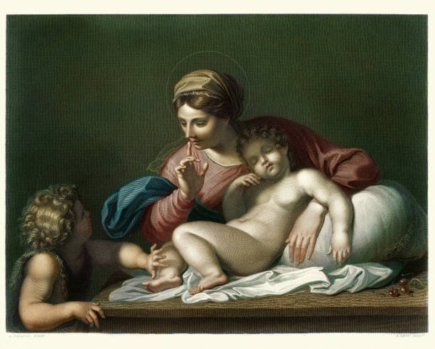 ilustrações de stock, clip art, desenhos animados e ícones de silence ! virgin and child with the infant baptist - color image jesus christ child people