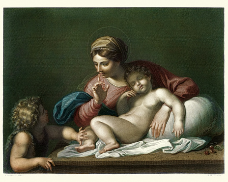 Vintage engraving of Silence ! Virgin and Child with the infant Baptist, after the picture by  Annibale Carracci, The Silence or the Madonna del Silenzio