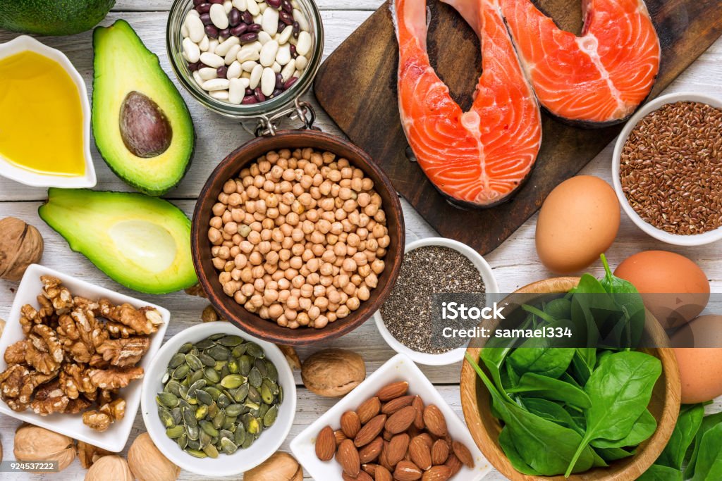 Food rich in omega 3 fatty acid and healthy fats. Healthy diet eating concept Food rich in omega 3 fatty acid and healthy fats. Healthy diet eating concept. top view Omega-3 Stock Photo