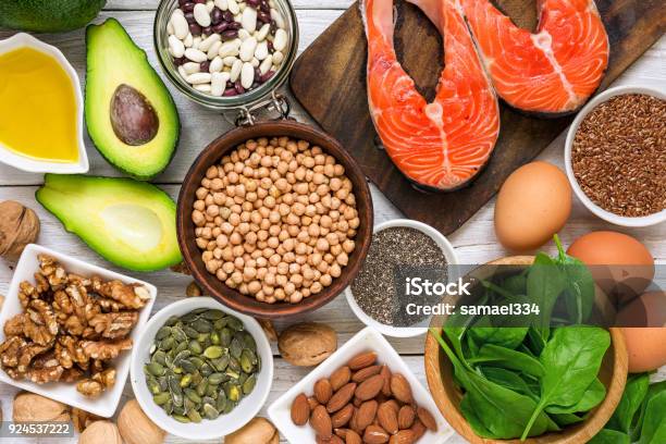 Food Rich In Omega 3 Fatty Acid And Healthy Fats Healthy Diet Eating Concept Stock Photo - Download Image Now
