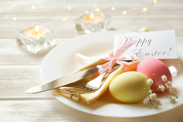 easter laying table appointments, table setting options. silverware, tableware items with festive decoration. fork, knife and flowers. happy easter holiday. - tablesetting imagens e fotografias de stock