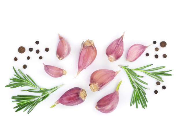 istock garlic with rosemary and peppercorn isolated on white background with copy space for your text. Top view. Flat lay 924544302