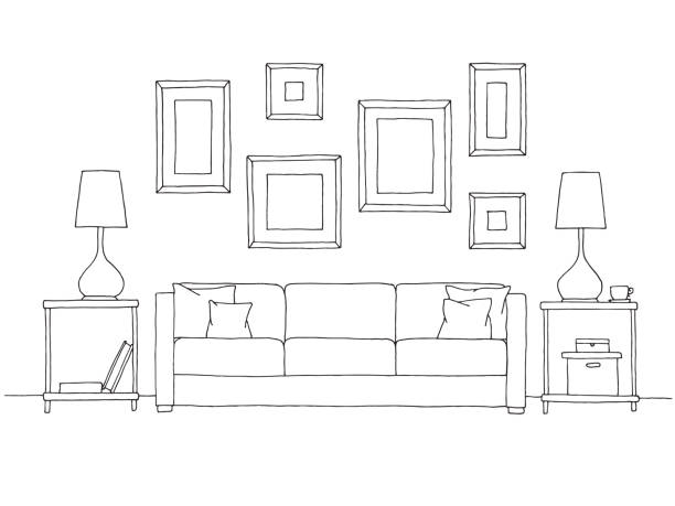 szkic liniowy wnętrza. ręcznie rysowana ilustracja wektorowa stylu szkicu. - apartment domestic room living room wall stock illustrations