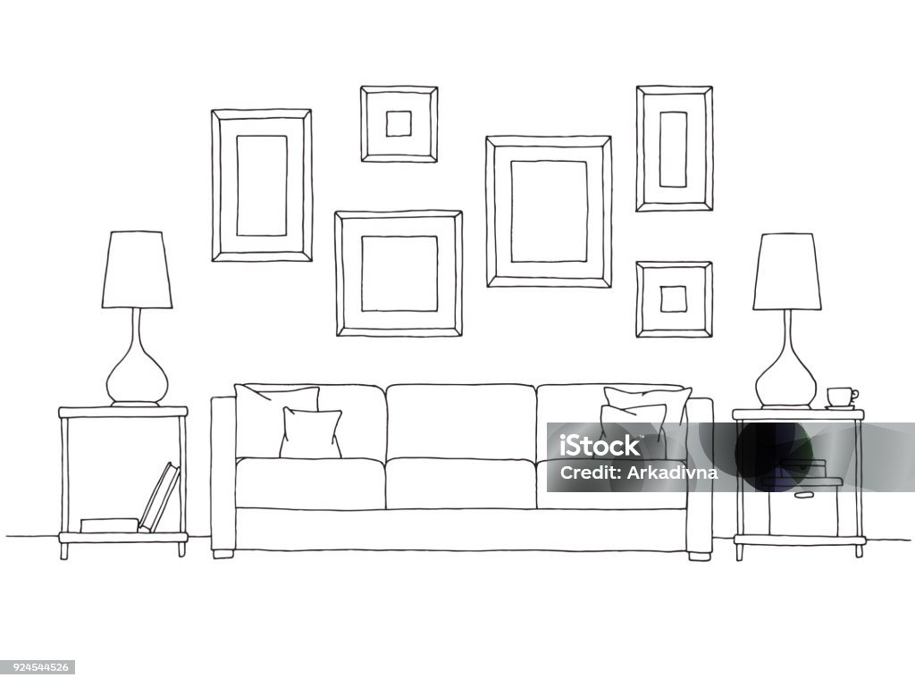 Linear sketch of an interior. Hand drawn vector illustration of a sketch style. Living Room stock vector