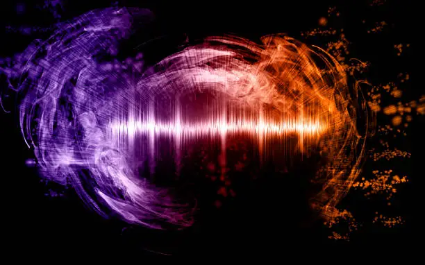 Music abstract concept illustration, sound wave and smoke colored and glowing, graphic resource, violet and orange
