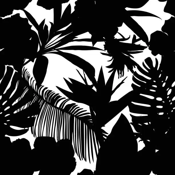 Vector illustration of Floral seamless pattern. Background with isolated black silhouet