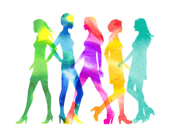 Fashion Models Colourful overlapping silhouettes of female Fashion Models in watercolor texture runway condition stock illustrations