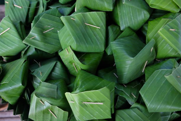 istock Sticky rice Thai custard is Thai dessert which wrap by banana leaf, within banana leaf is contain Sticky rice Thai custard 924555102