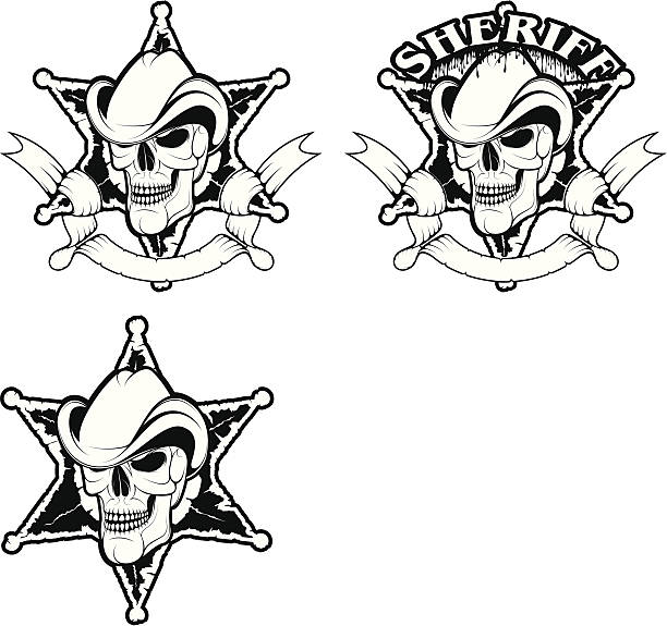 ilustraciones, imágenes clip art, dibujos animados e iconos de stock de vector cráneo b & w - sheriff skull and crossbones devil west