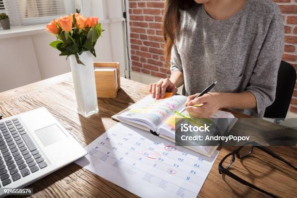 Imprenditrice Che Fa Programma Su Organizzatore Personale - Fotografie stock e altre immagini di Agenda