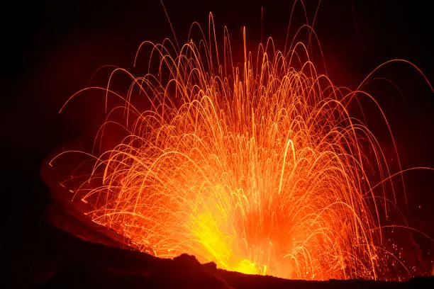 Photo of Eruption Yasur vulcano, sunset on the crater edge, Tanna, Vanuatu