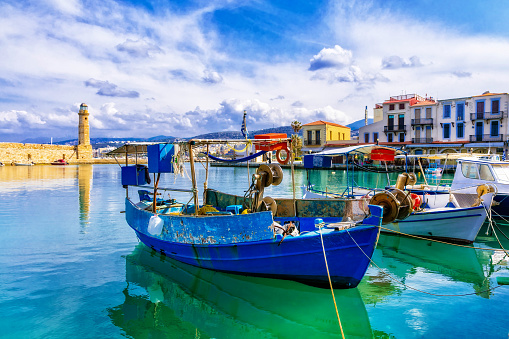 Pictorial colorful Greece series - Rethymnon with old lighthouse and boats, Crete