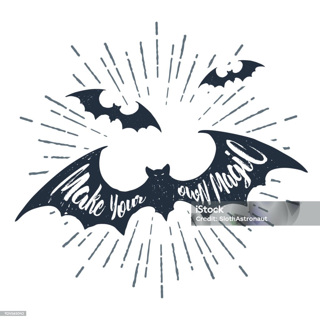 Hand drawn Halloween label with textured vector illustration. Hand drawn Halloween label with textured bats vector illustration and "Make your own magic" inspirational lettering. Bat - Animal stock vector